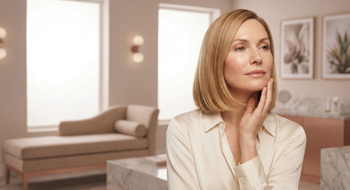 Mulher tocando o contorno facial com resultado natural de preenchimento