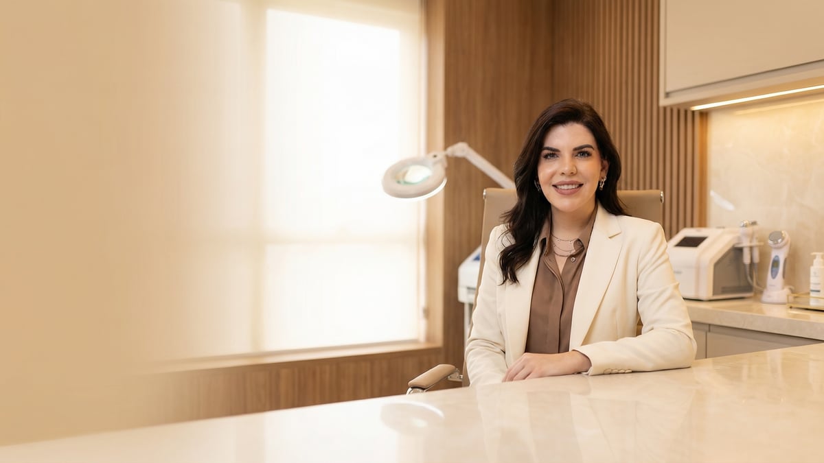 Dra. Erica Pinheiro em mesa de consulta no consultório