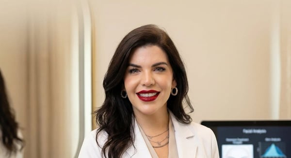 Dra. Erica Pinheiro ao lado de uma análise facial usada no planejamento da harmonização