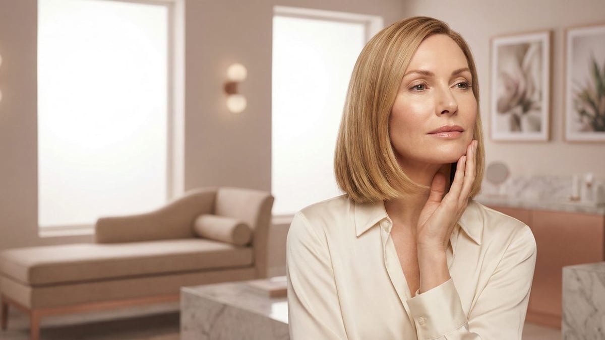 Mulher tocando o contorno facial com resultado natural de preenchimento