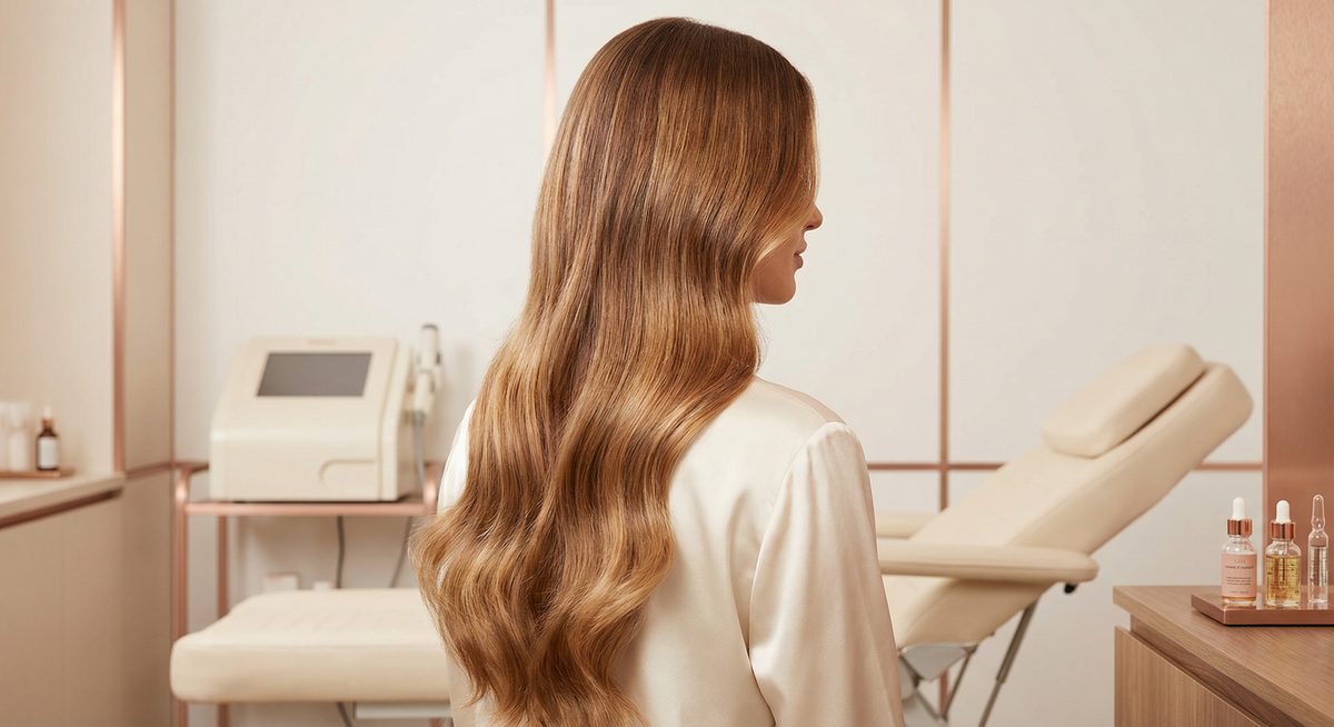 Cabelos saudáveis e brilhantes em ambiente de clínica tricológica